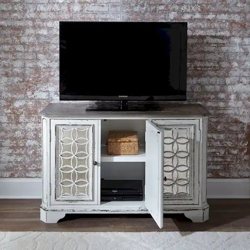 Console de hall blanc antique avec miroir, étagères réglables et gestion des câbles