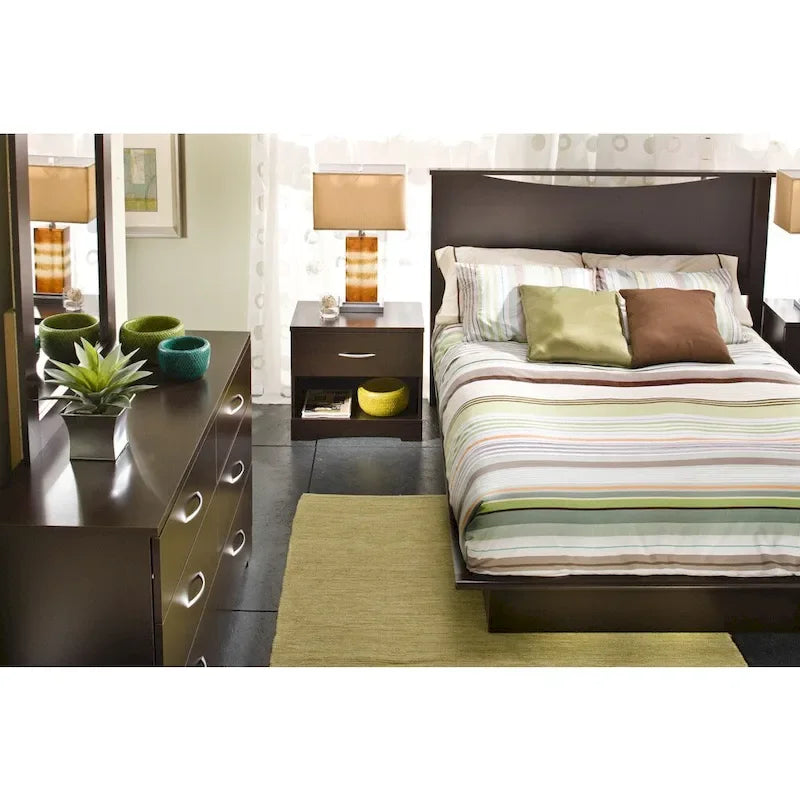 Lit plateforme Queen avec tête de lit intégrée et rangement sous le lit