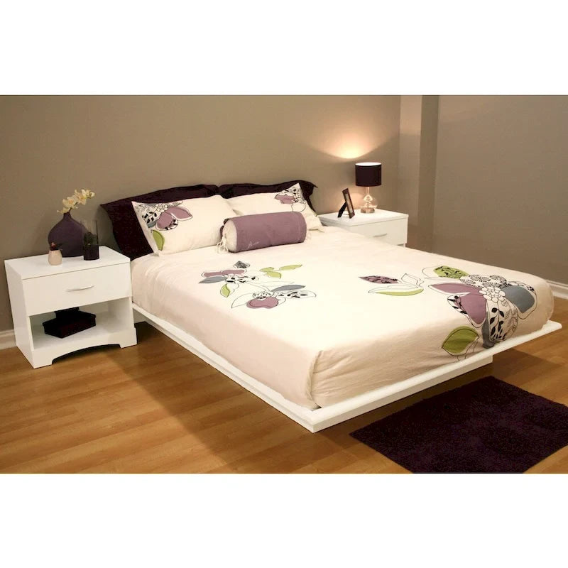 Lit plateforme Queen avec tête de lit intégrée et rangement sous le lit