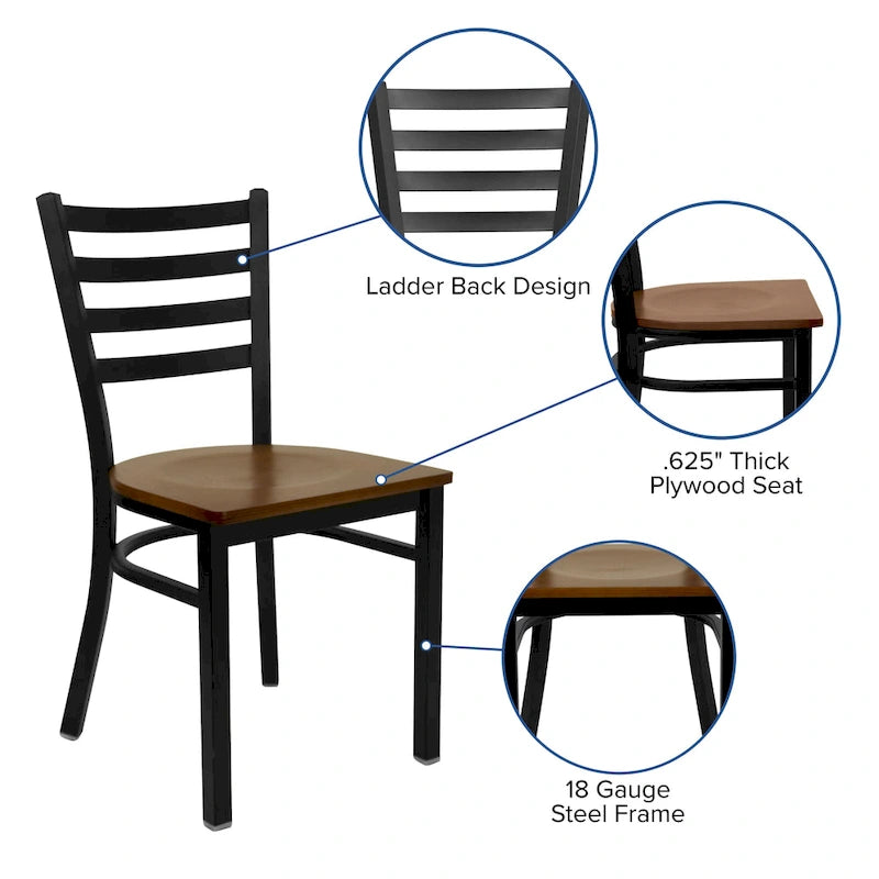 Chaise de salle à manger en métal à dossier échelle, avec assise en bois et cadre thermolaqué
