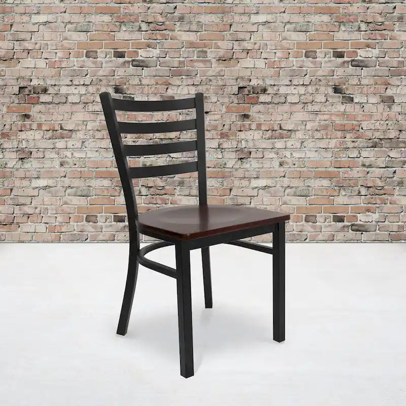 Chaise de salle à manger en métal à dossier échelle, avec assise en bois et cadre thermolaqué