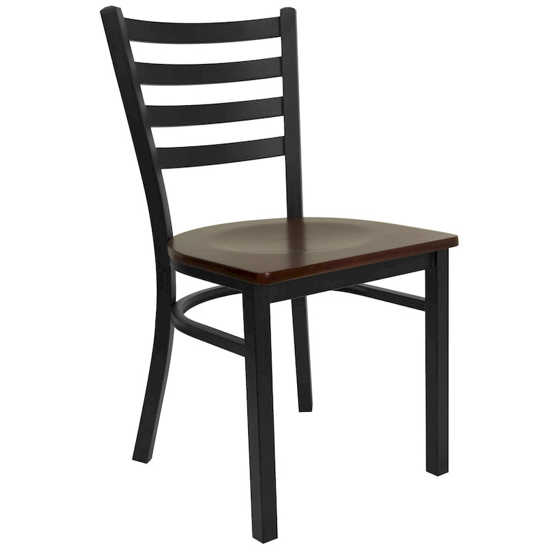 Chaise de salle à manger en métal à dossier échelle, avec assise en bois et cadre thermolaqué