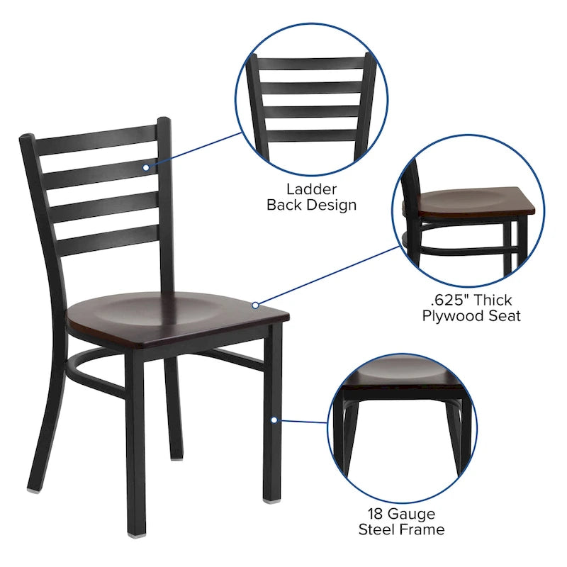 Chaise de salle à manger en métal à dossier échelle, avec assise en bois et cadre thermolaqué