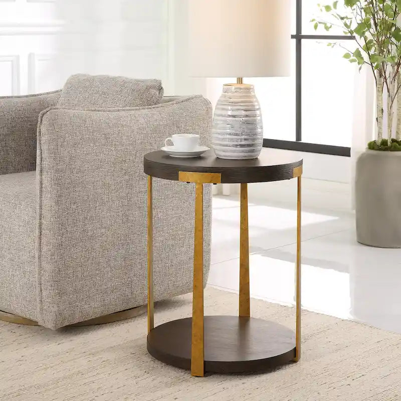 Table d'appoint ronde en placage de chêne avec pieds en métal forgé doré antique