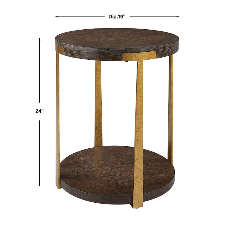 Table d'appoint ronde en placage de chêne avec pieds en métal forgé doré antique