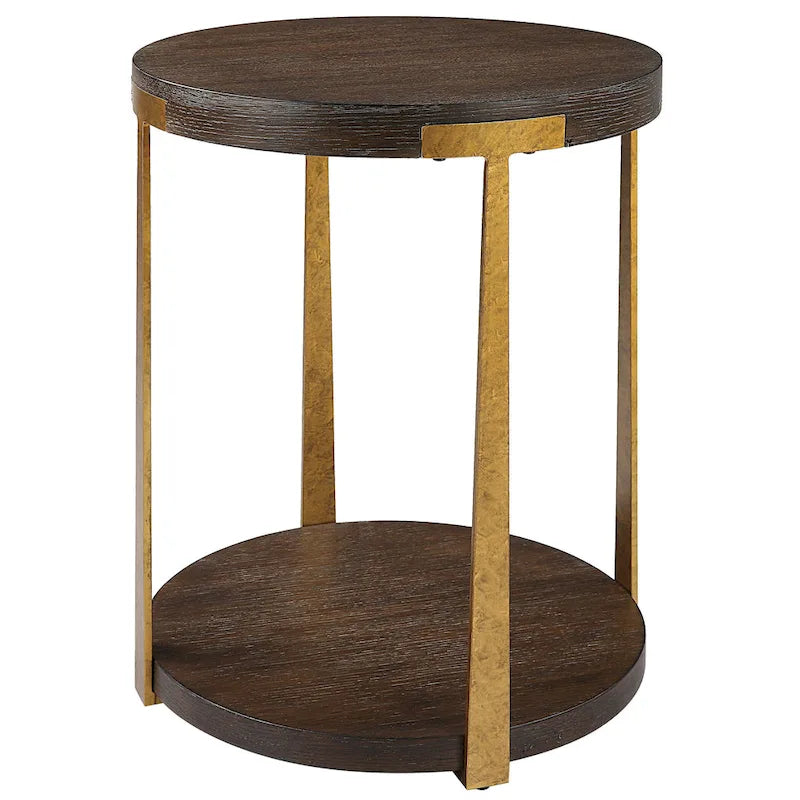Table d'appoint ronde en placage de chêne avec pieds en métal forgé doré antique