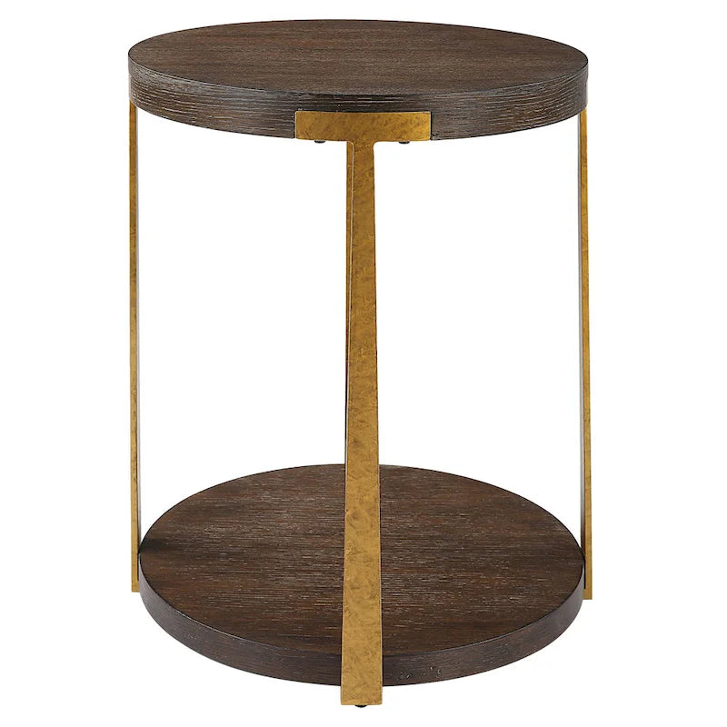 Table d'appoint ronde en placage de chêne avec pieds en métal forgé doré antique