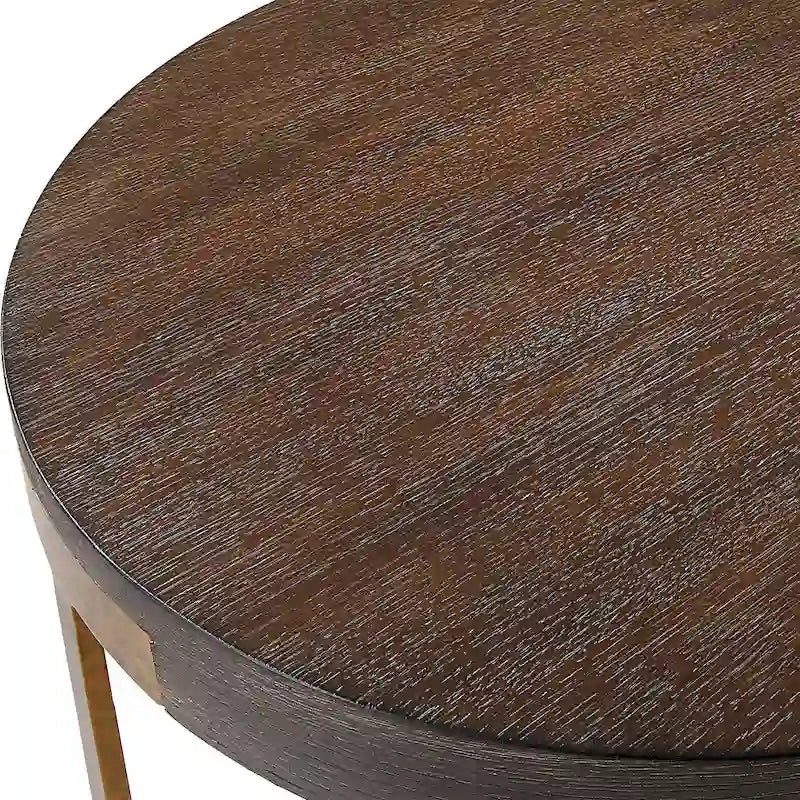 Table d'appoint ronde en placage de chêne avec pieds en métal forgé doré antique