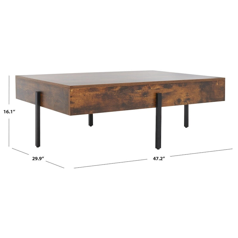 Table basse rectangulaire effet bois avec pieds fins en métal noir