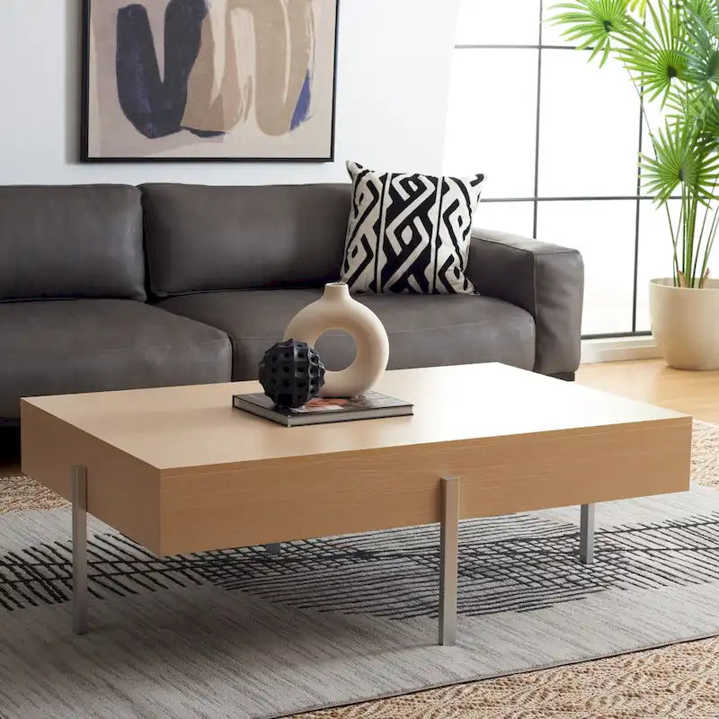 Table basse rectangulaire effet bois avec pieds fins en métal noir