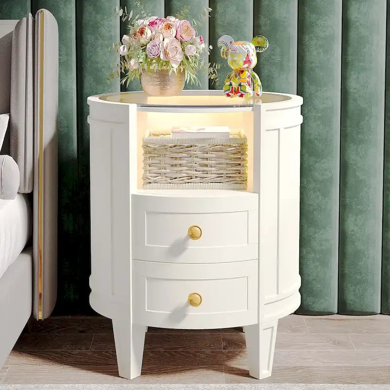 Table de chevet ronde avec lumière LED, 2 tiroirs et étagère ouverte