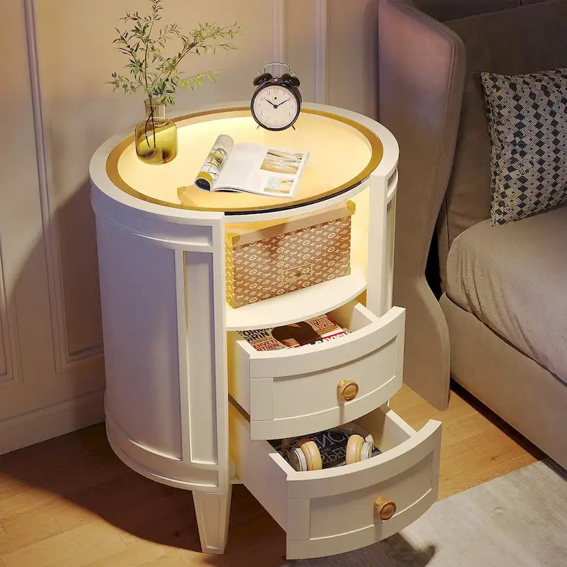 Table de chevet ronde avec lumière LED, 2 tiroirs et étagère ouverte