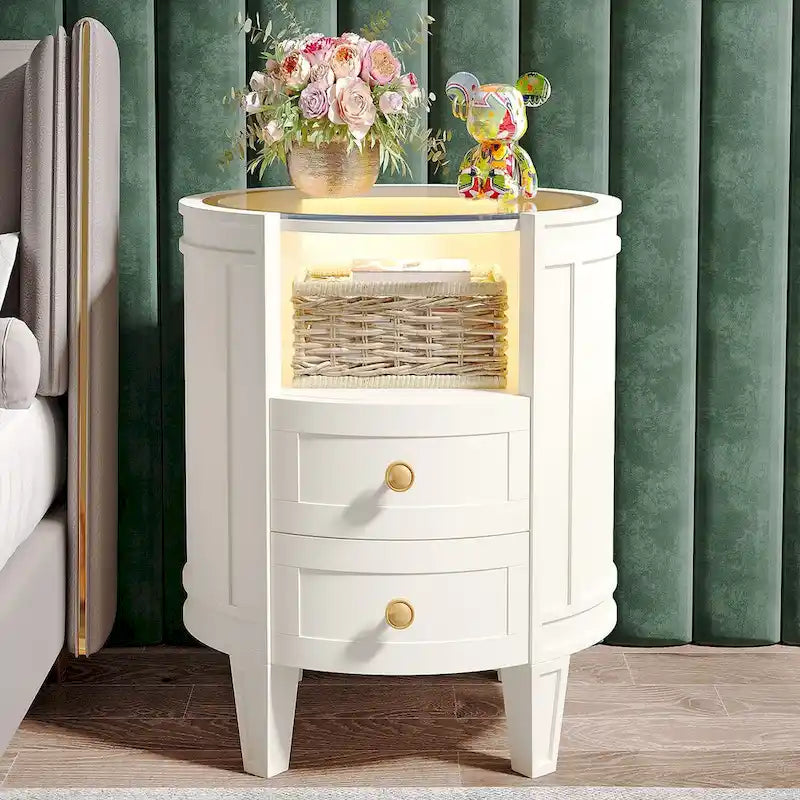 Table de chevet ronde avec lumière LED, 2 tiroirs et étagère ouverte