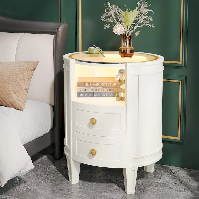 Table de chevet ronde avec lumière LED, 2 tiroirs et étagère ouverte