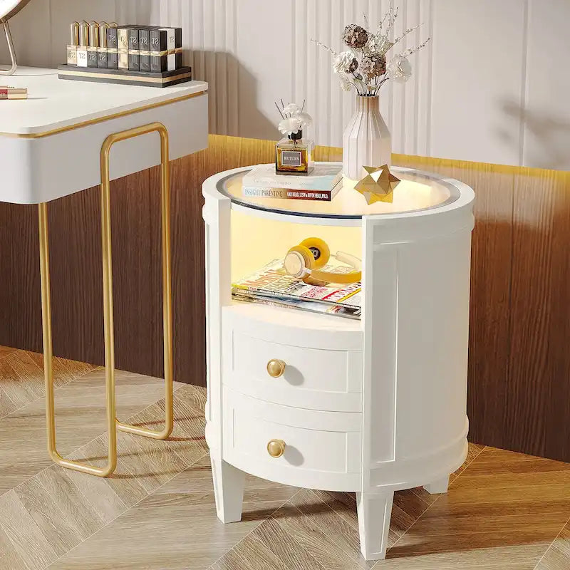 Table de chevet ronde avec lumière LED, 2 tiroirs et étagère ouverte