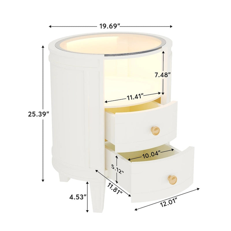 Table de chevet ronde avec lumière LED, 2 tiroirs et étagère ouverte