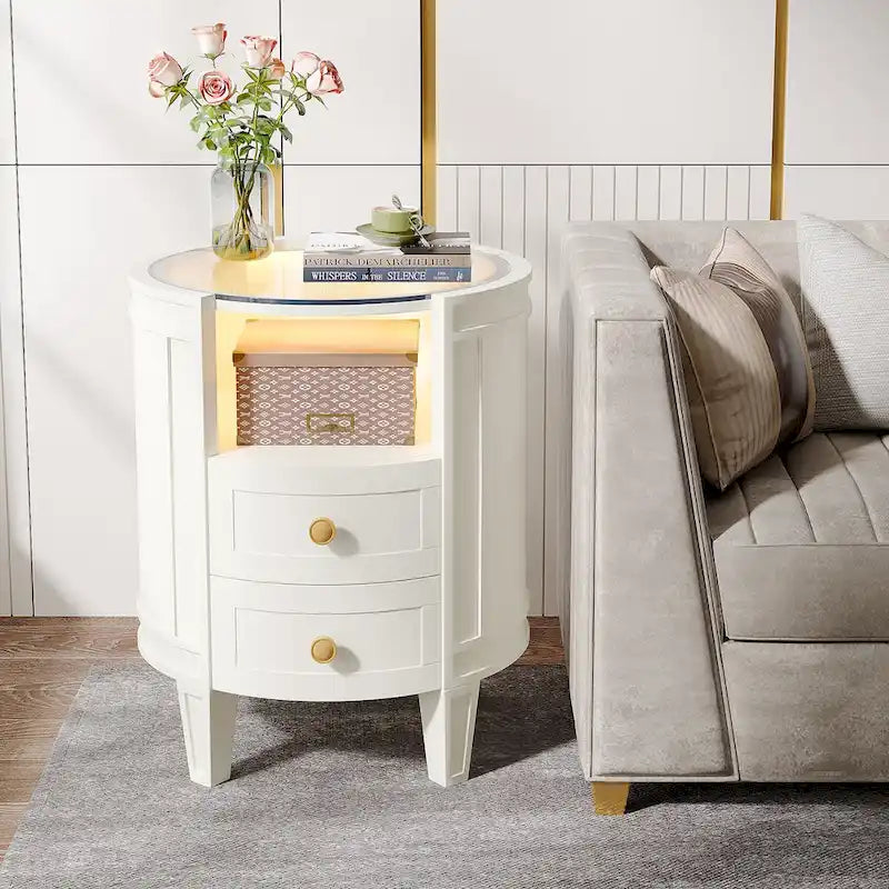 Table de chevet ronde avec lumière LED, 2 tiroirs et étagère ouverte