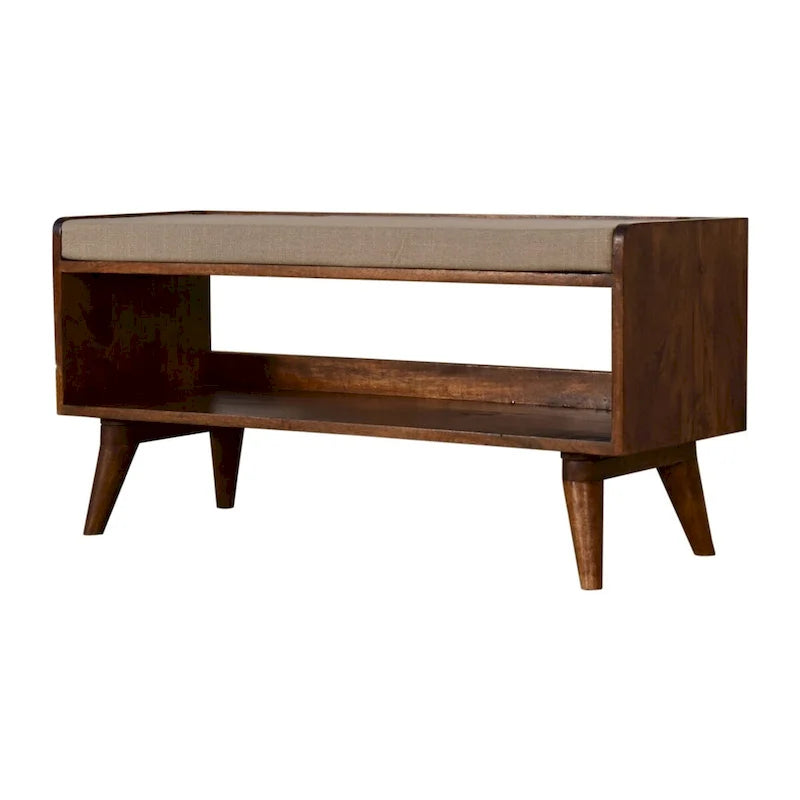 Banc de rangement nordique en manguier massif avec coussin d'assise en lin