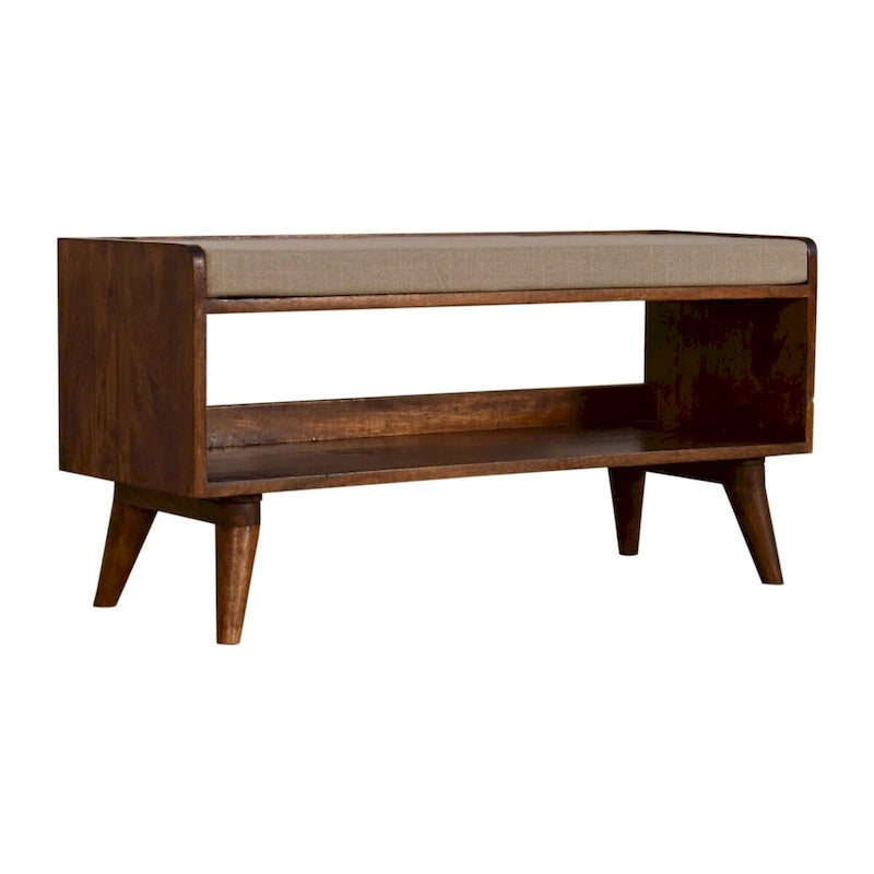 Banc de rangement nordique en manguier massif avec coussin d'assise en lin