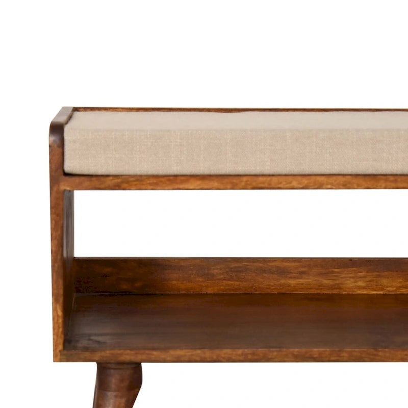 Banc de rangement nordique en manguier massif avec coussin d'assise en lin