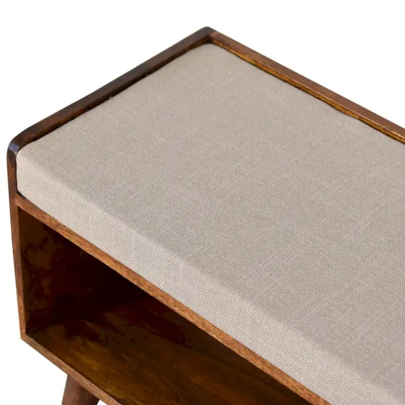 Banc de rangement nordique en manguier massif avec coussin d'assise en lin