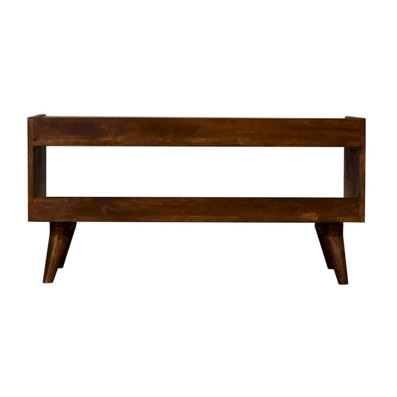 Banc de rangement nordique en manguier massif avec coussin d'assise en lin