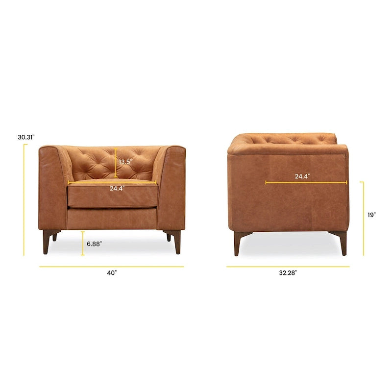 Fauteuil de salon capitonné en cuir italien avec pieds en bois massif et coussin en plumes