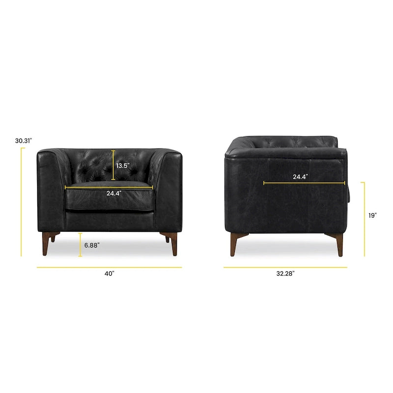 Fauteuil de salon capitonné en cuir italien avec pieds en bois massif et coussin en plumes