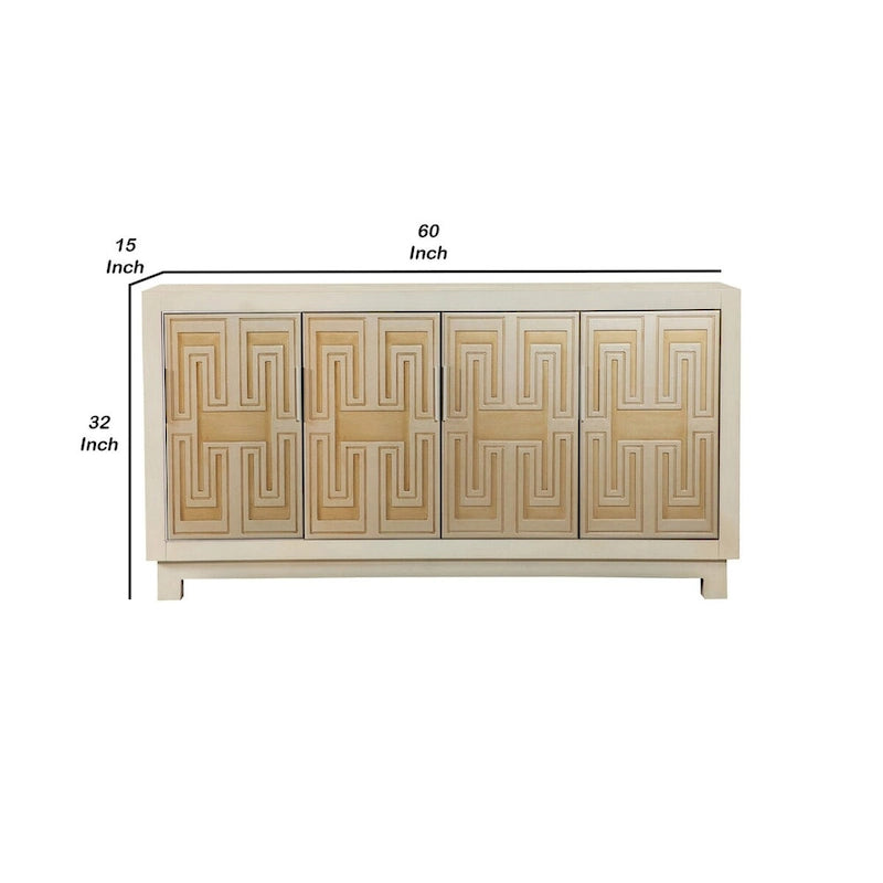 Buffet console quatre portes de 60 pouces avec panneaux décoratifs or et blanc