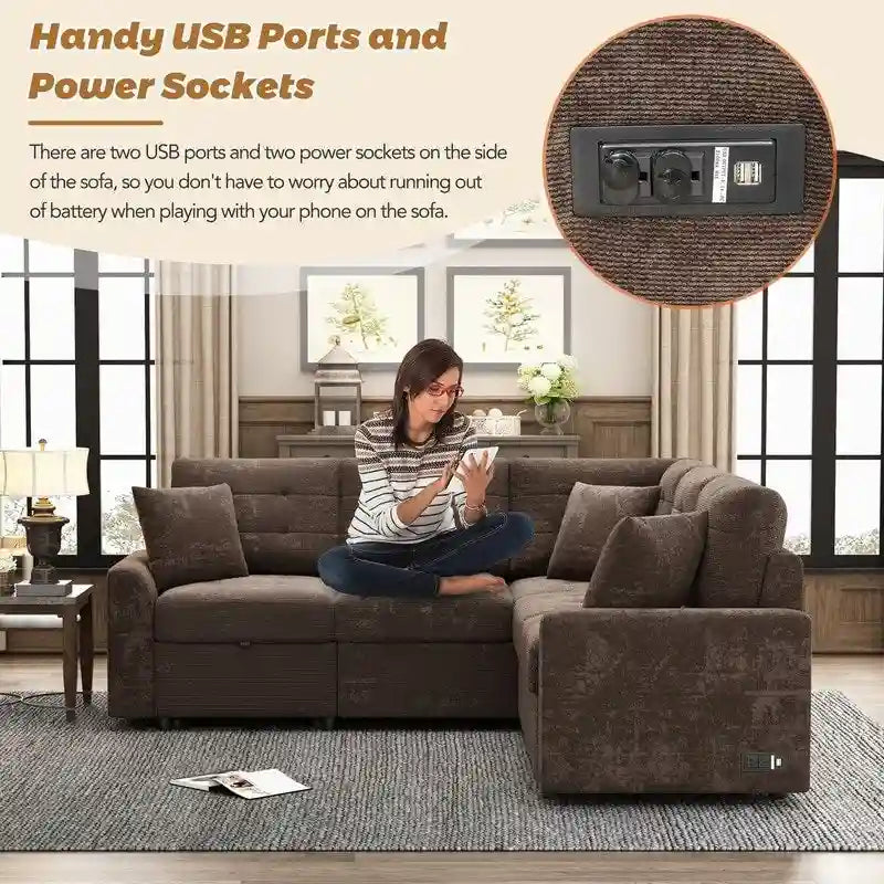 Canapé-lit convertible d'angle avec roulettes, ports USB et prises de courant
