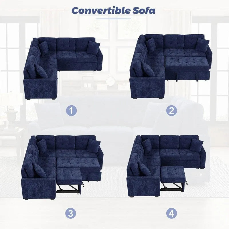 Canapé-lit convertible d'angle avec roulettes, ports USB et prises de courant