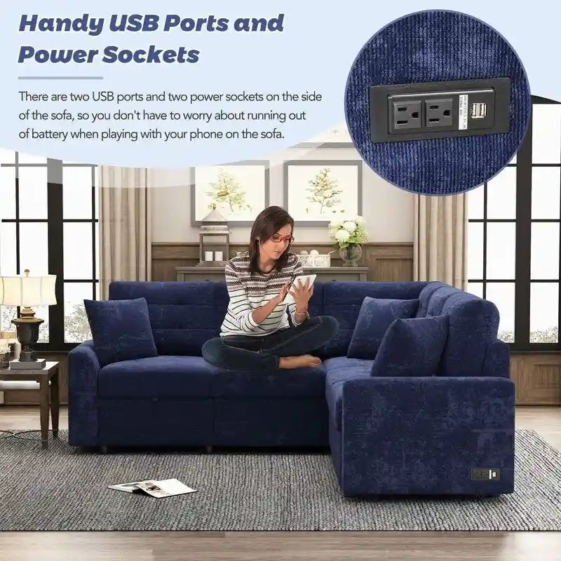 Canapé-lit convertible d'angle avec roulettes, ports USB et prises de courant