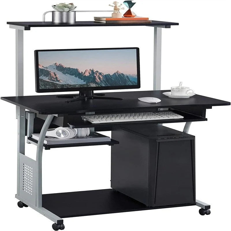 Bureau informatique roulant à 3 niveaux avec tablette pour imprimante, plateau coulissant pour clavier et roulettes verrouillables