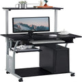Bureau informatique roulant à 3 niveaux avec tablette pour imprimante, plateau coulissant pour clavier et roulettes verrouillables