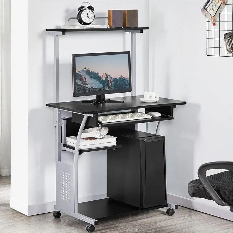 Bureau informatique roulant à 3 niveaux avec tablette pour imprimante, plateau coulissant pour clavier et roulettes verrouillables