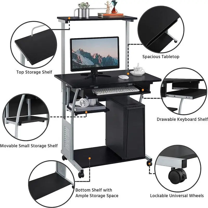 Bureau informatique roulant à 3 niveaux avec tablette pour imprimante, plateau coulissant pour clavier et roulettes verrouillables