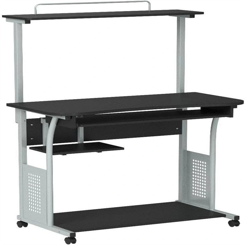 Bureau informatique roulant à 3 niveaux avec tablette pour imprimante, plateau coulissant pour clavier et roulettes verrouillables
