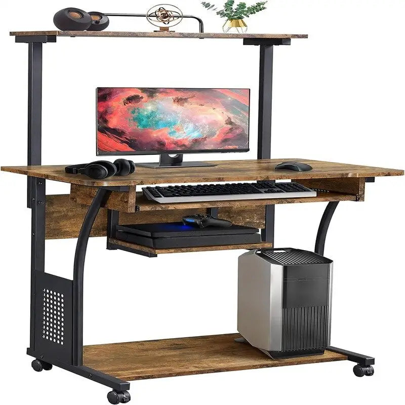 Bureau informatique roulant à 3 niveaux avec tablette pour imprimante, plateau coulissant pour clavier et roulettes verrouillables