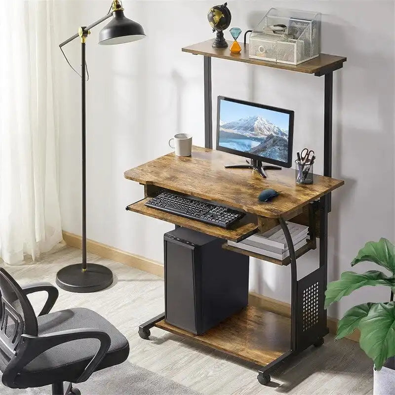 Bureau informatique roulant à 3 niveaux avec tablette pour imprimante, plateau coulissant pour clavier et roulettes verrouillables