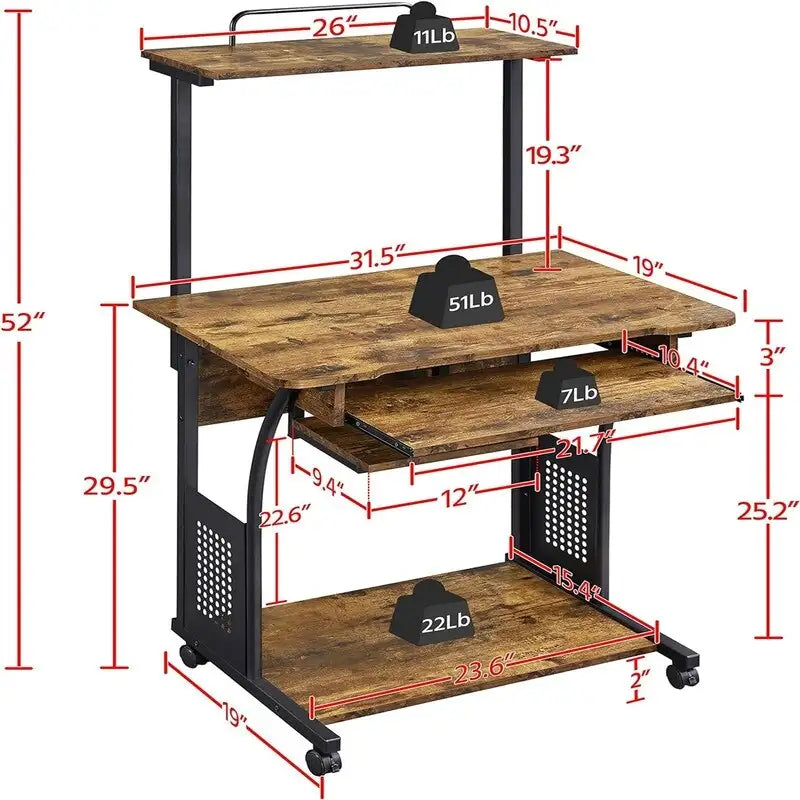 Bureau informatique roulant à 3 niveaux avec tablette pour imprimante, plateau coulissant pour clavier et roulettes verrouillables