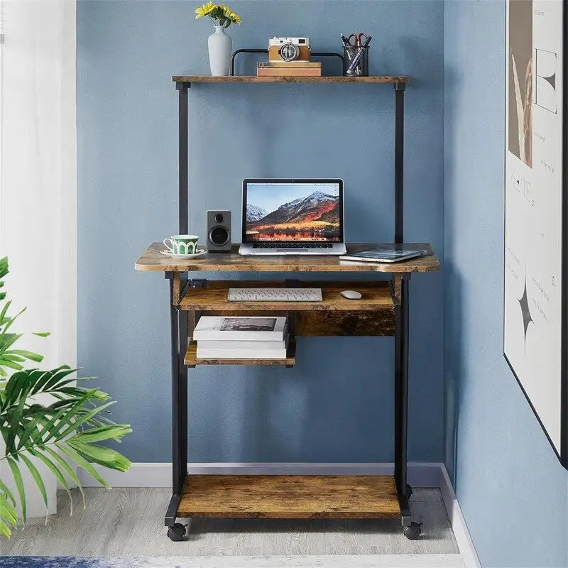 Bureau informatique roulant à 3 niveaux avec tablette pour imprimante, plateau coulissant pour clavier et roulettes verrouillables