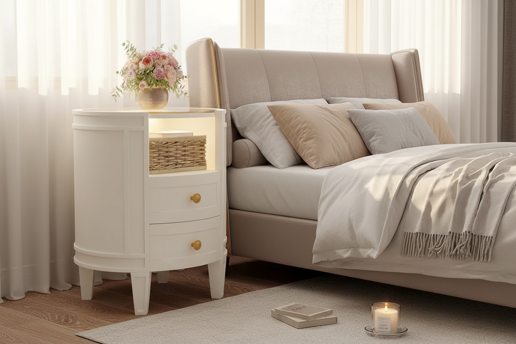 Round Nightstand Bedroom Scene