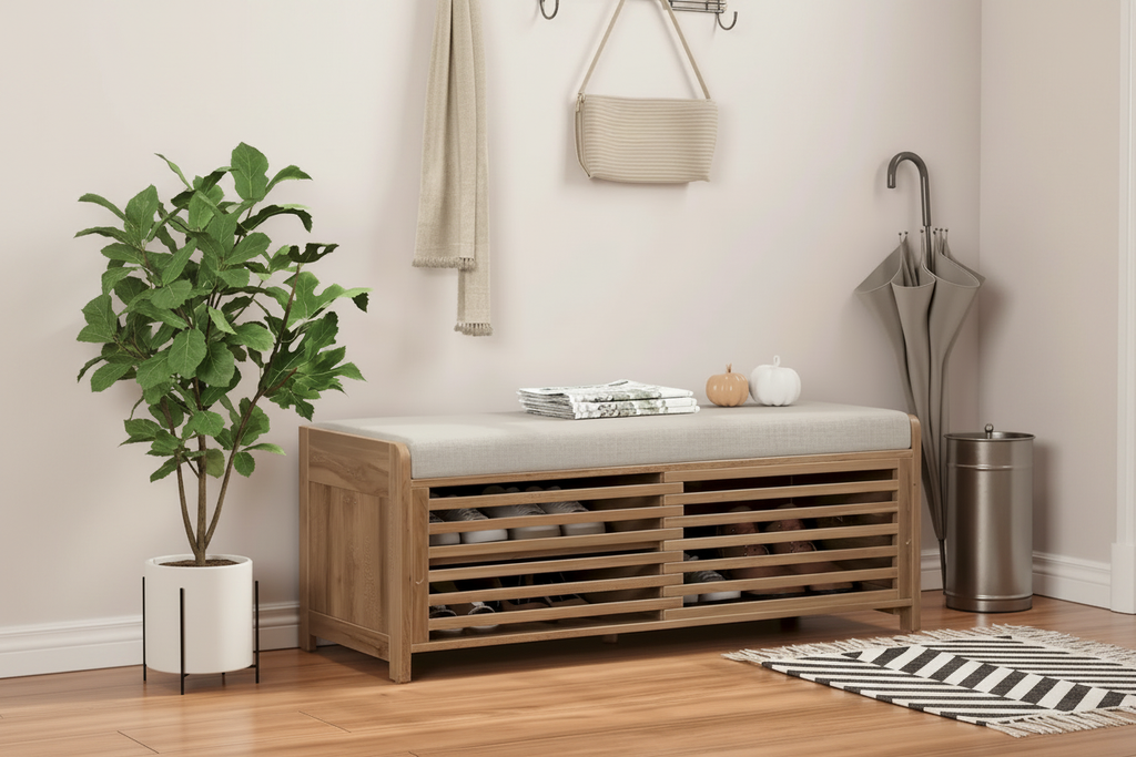 Wide angle entryway bench